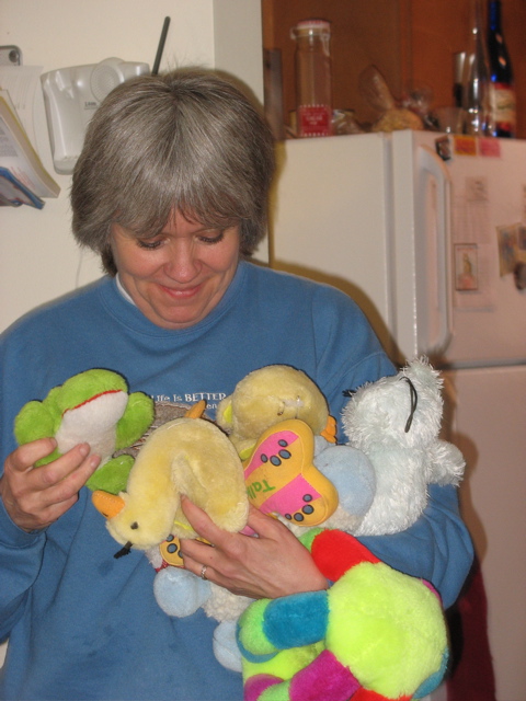 Mom playing with the dog toys